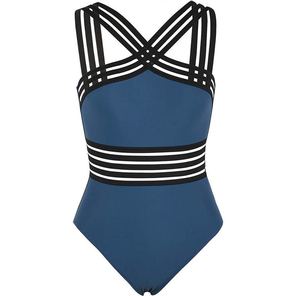 Hilor Women's One Piece Swimwear Front Crossover Swimsuit Navy Black XL 14